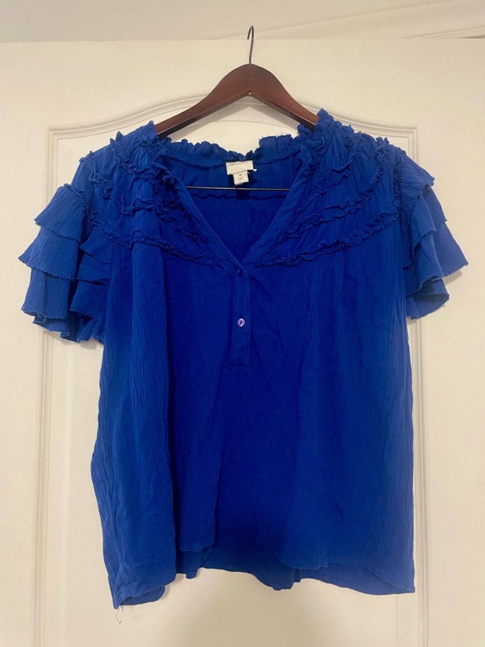 Maeve Cobalt Blue Ruffled Short-Sleeve Blouse, Size Medium